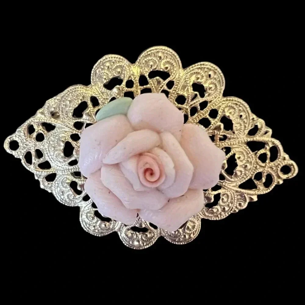 Vintage 1928 Pink Porcelain Rose Filigree Brooch Pin Gold Tone